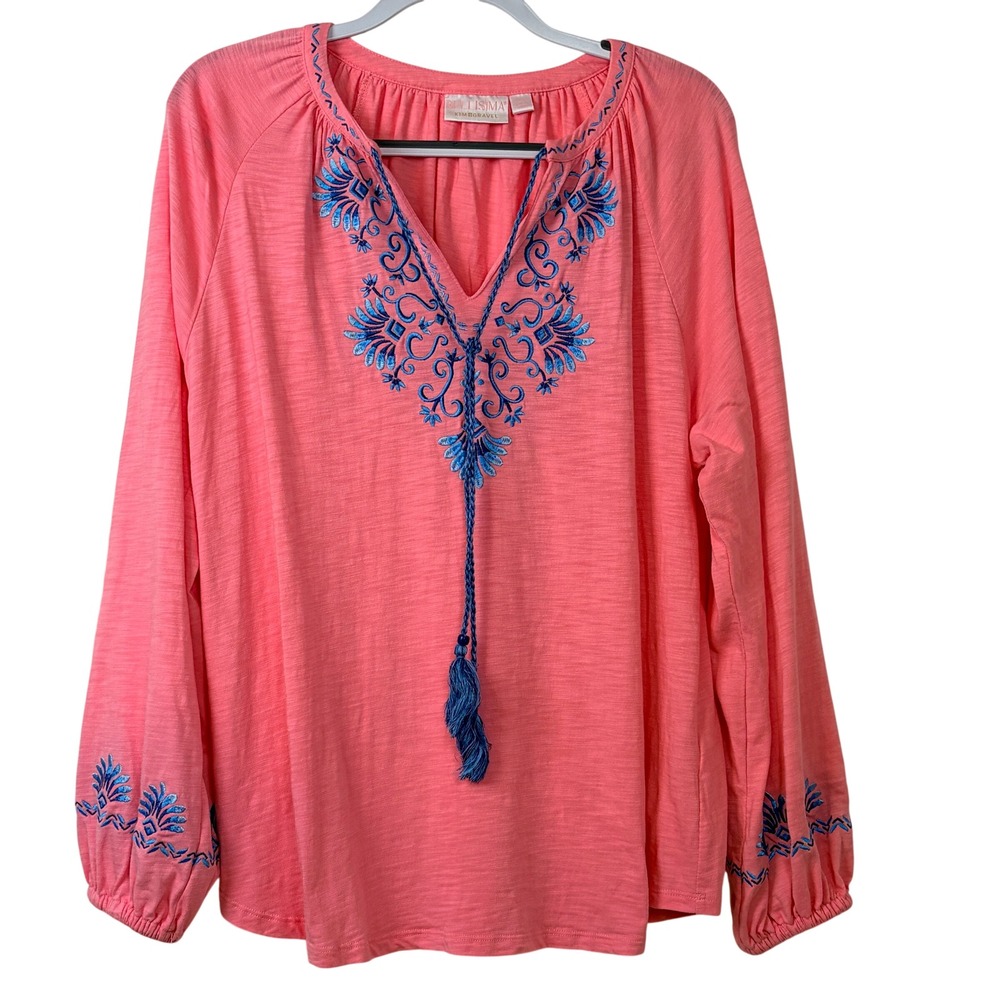Embroidered Coral Peasant Top with Blue Tassel